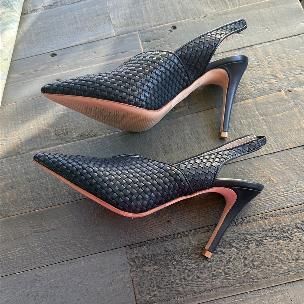 NWOT Boden Navy Wedding Guest Leather Basket weave Slingback Spike Heel EU 39